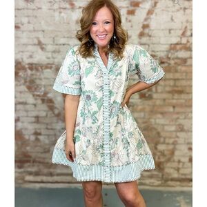 Floral Mint Trim Short Sleeve Swing Dress